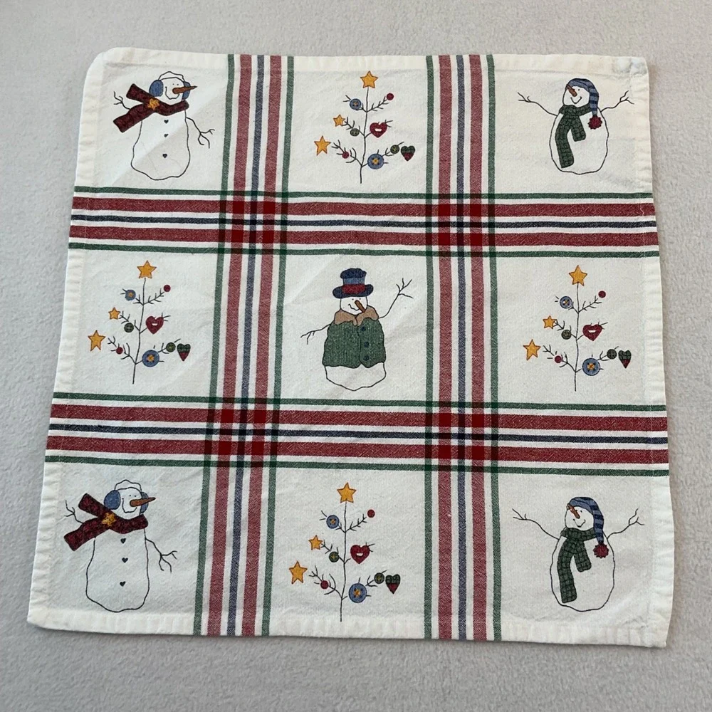 St Nicholas Square Snowman Plaid Cotton Napkins Set of 9 White Red Green Holiday